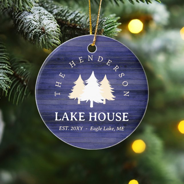 Family Name Lake House Pine Tree wood Personalised Ceramic Tree Decoration (Creator Uploaded)