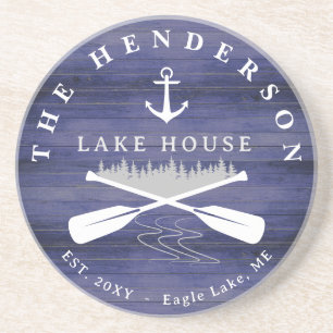 Family Name Lake House Pine Tree wood Personalised Coaster