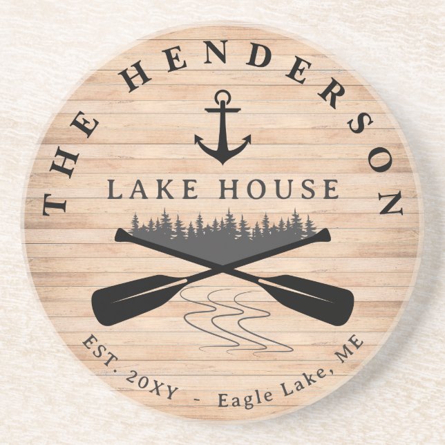 Family Name Lake House Pine Tree wood Personalised Coaster (Front)