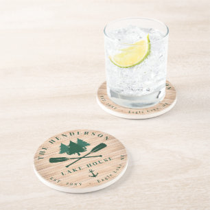Family Name Lake House Pine Tree wood Personalised Coaster