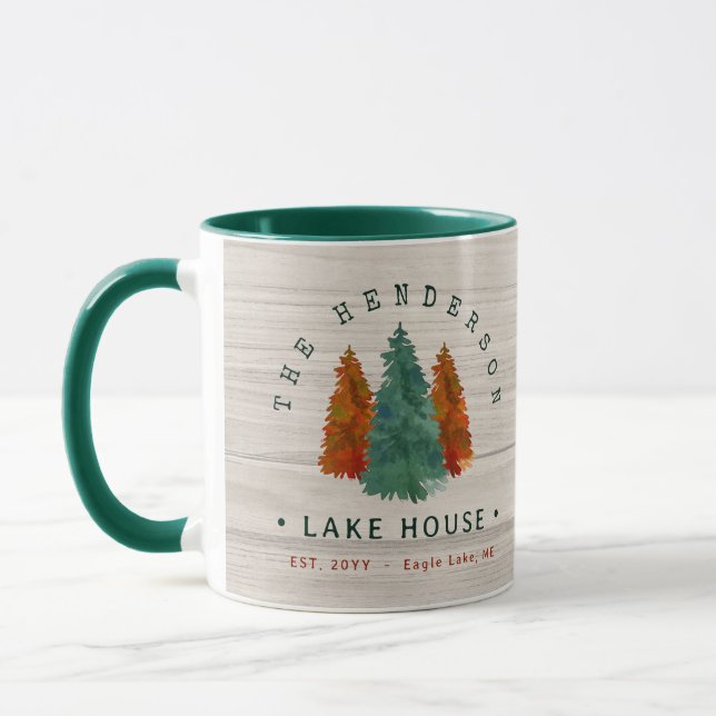 Family Name Lake House Pine Tree wood Personalised Mug (Left)