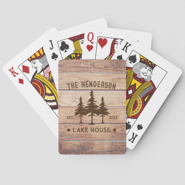 Family Name Lake House Pine Tree wood Personalised Playing Cards (Back)