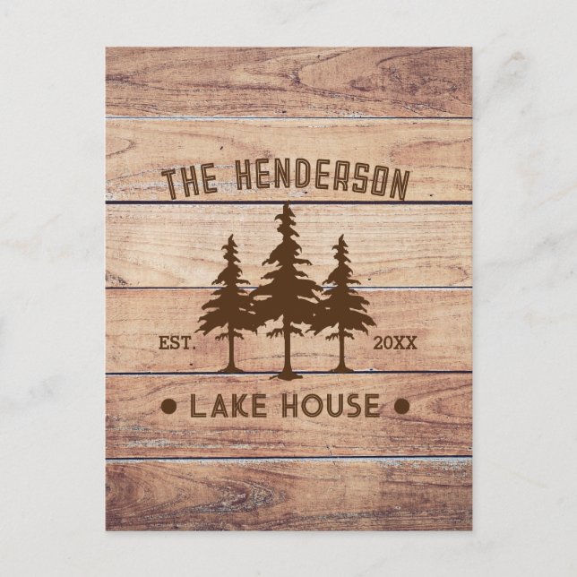 Family Name Lake House Pine Tree wood Personalised Postcard (Front)