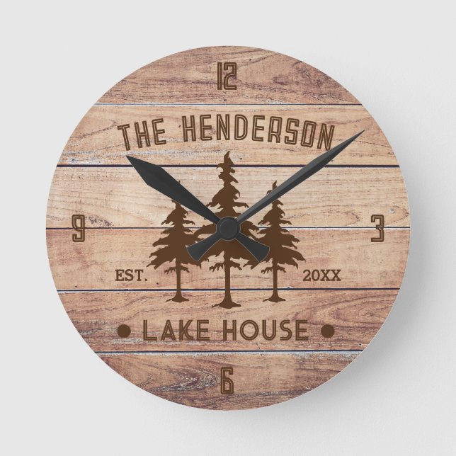 Family Name Lake House Pine Tree wood Personalised Round Clock (Front)
