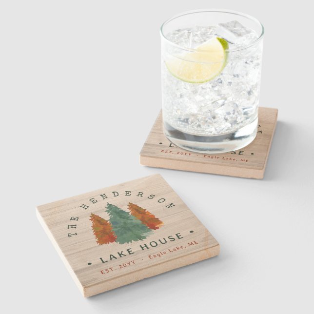 Family Name Lake House Pine Tree wood Personalised Stone Coaster (Side)