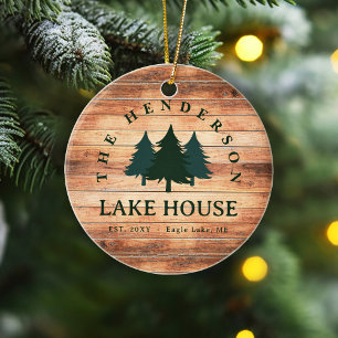 Family Name Lake House Pine Tree wood Personalized Ceramic Tree Decoration