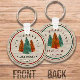 Family Name Lake House Pine Tree wood Personalized Key Ring