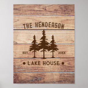 Family Name Lake House Pine Tree wood Personalized Poster