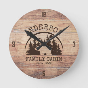 Family Name Lake House Pine Tree wood Personalized Round Clock