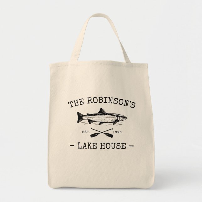 Family Name Lake House Rustic Fish Oars Reusable Tote Bag (Front)