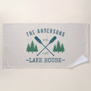 Family Name Lake House Rustic Oars Pine Tree Beach Towel
