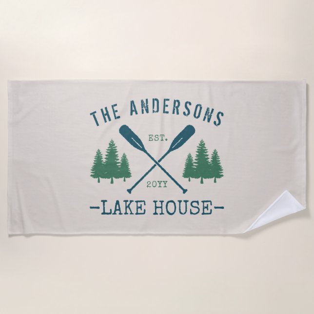 Family Name Lake House Rustic Oars Pine Tree Beach Towel (Front)