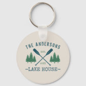 Family Name Lake House Rustic Oars Pine Tree Round Key Ring (Front)