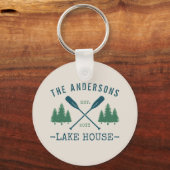 Family Name Lake House Rustic Oars Pine Tree Round Key Ring (Front)
