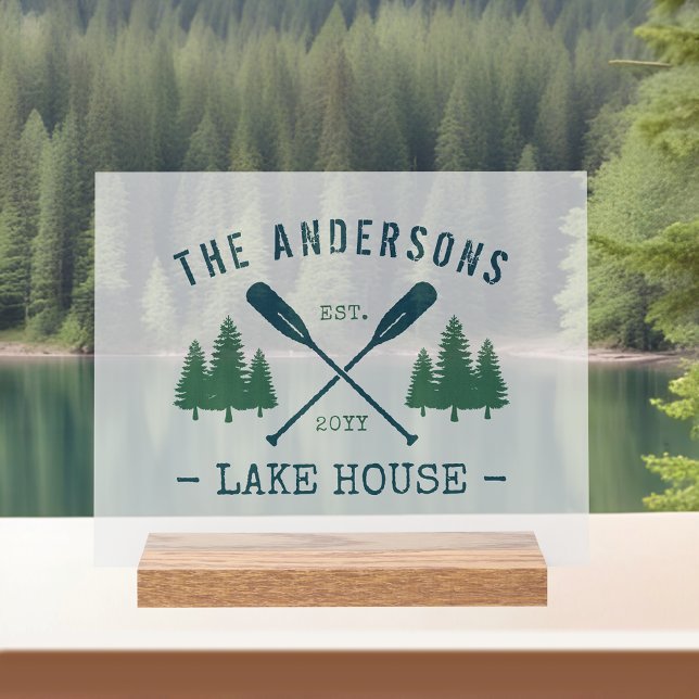 Family Name Lake House Rustic Oars Pine Trees Acrylic Sign (Creator Uploaded)