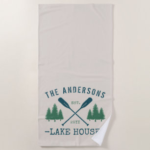 Family Name Lake House Rustic Oars Pine Trees Beach Towel