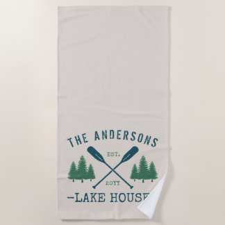 Family Name Lake House Rustic Oars Pine Trees Beach Towel