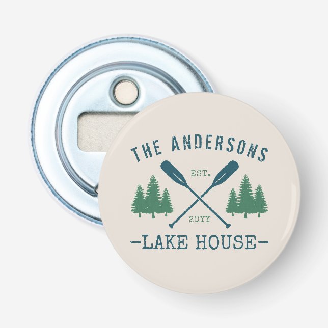 Family Name Lake House Rustic Oars Pine Trees Bottle Opener (Front)