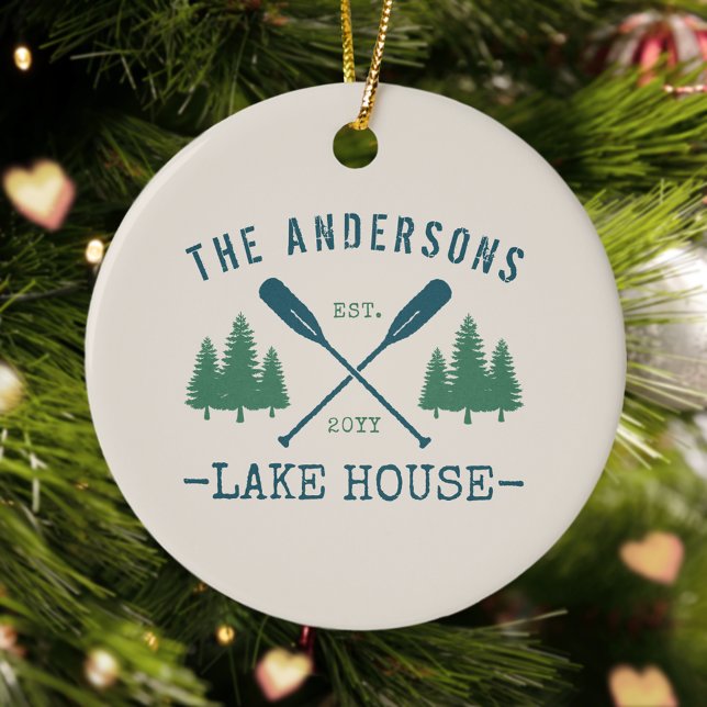 Family Name Lake House Rustic Oars Pine Trees Ceramic Tree Decoration (Creator Uploaded)