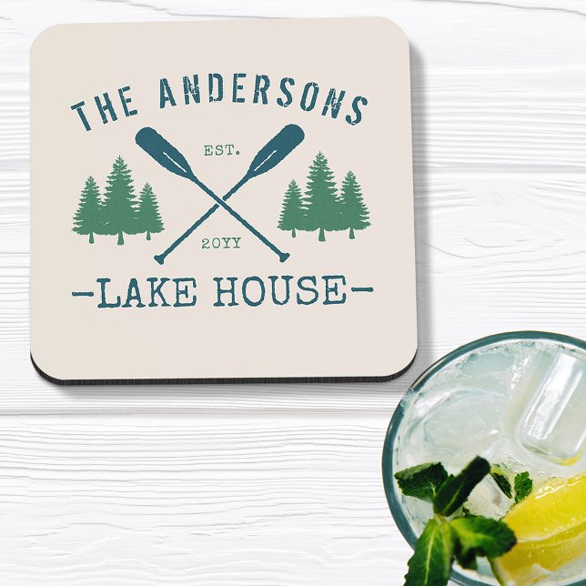 Family Name Lake House Rustic Oars Pine Trees Coaster (Creator Uploaded)