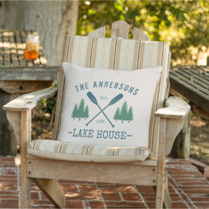 Family Name Lake House Rustic Oars Pine Trees Cushion