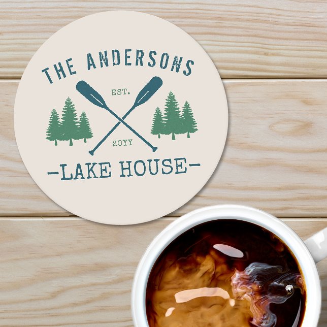 Family Name Lake House Rustic Oars Pine Trees Round Paper Coaster (Creator Uploaded)