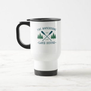 Family Name Lake House Rustic Oars Pine Trees Travel Mug