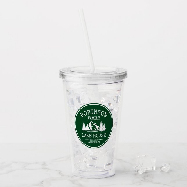 Family Name Lake House Trees Forest Green Acrylic Tumbler (Front Ice)