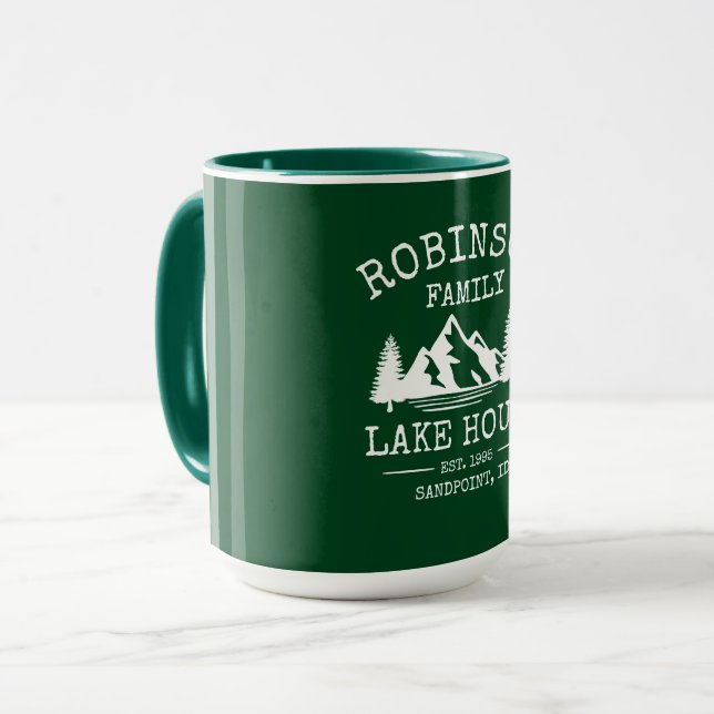 Family Name Lake House Trees Forest Green Big Mug (Front Left)