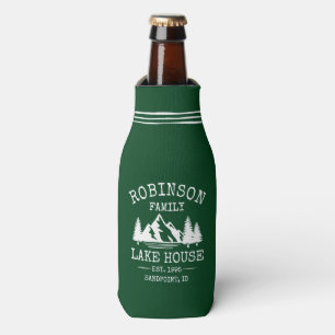 Family Name Lake House Trees Forest Green Bottle Cooler