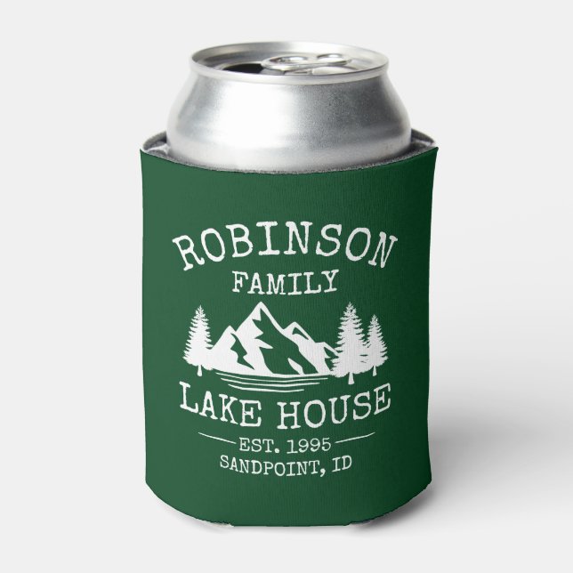 Family Name Lake House Trees Forest Green Can Cooler (Can Front)