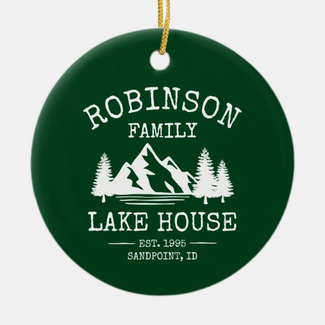 Family Name Lake House Trees Forest Green Ceramic Tree Decoration (Front)