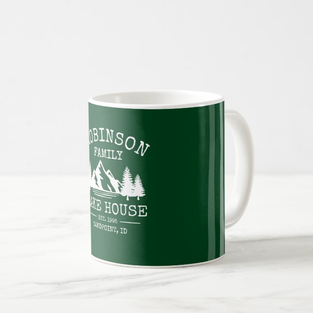 Family Name Lake House Trees Forest Green Coffee Mug (Front Right)