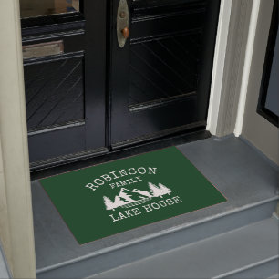 Family Name Lake House Trees Forest Green Doormat