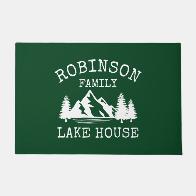 Family Name Lake House Trees Forest Green Doormat (Front)