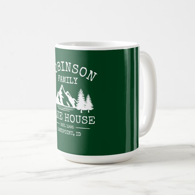 Family Name Lake House Trees Forest Green Large Coffee Mug (Front Right)