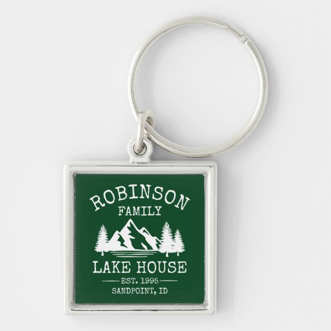 Family Name Lake House Trees Forest Green Silver Key Ring (Front)