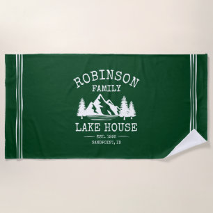 Family Name Lake House Trees Forest Green White Beach Towel