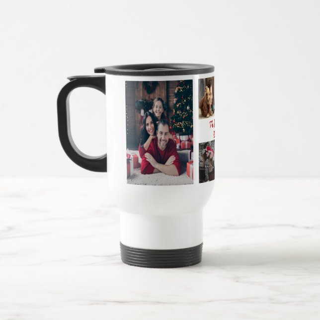 Family Name Lettering 6 Photo Collage Holiday Travel Mug (Left)