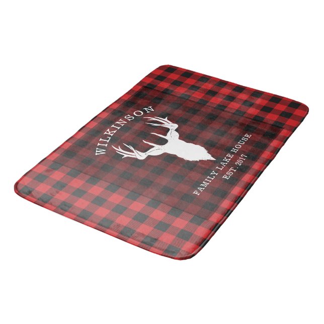 Family Name Lumberjack Plaid Lake House Bath Mat (Angled)