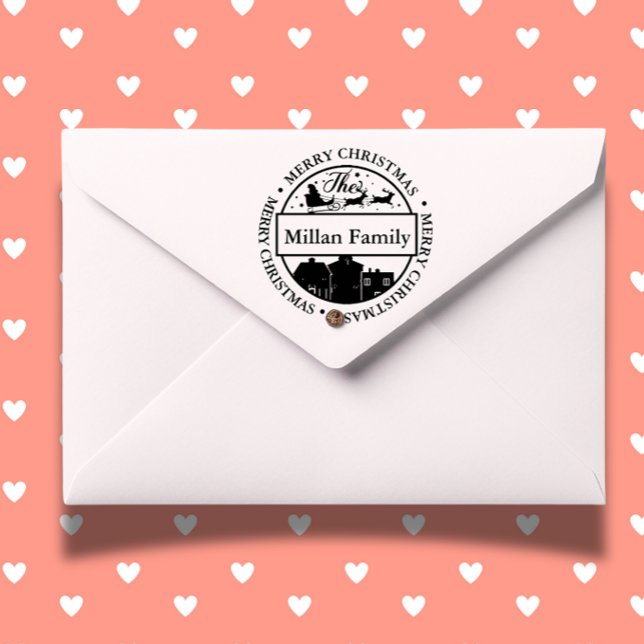 Family Name Merry Christmas Santa theme Self-inking Stamp (Personalize your holiday cards with a Merry Christmas Santa self-inking stamp )