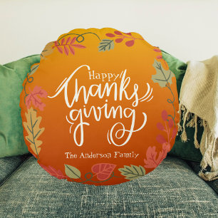 Family Name Modern Autumn Fall Happy Thanksgiving Round Cushion