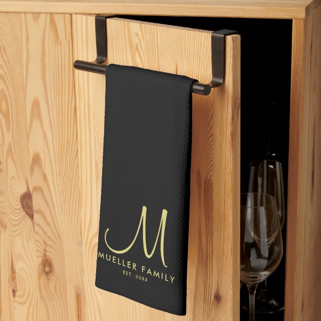 Family Name Modern Elegant Gold Monogram Black Tea Towel (Thirds Fold)