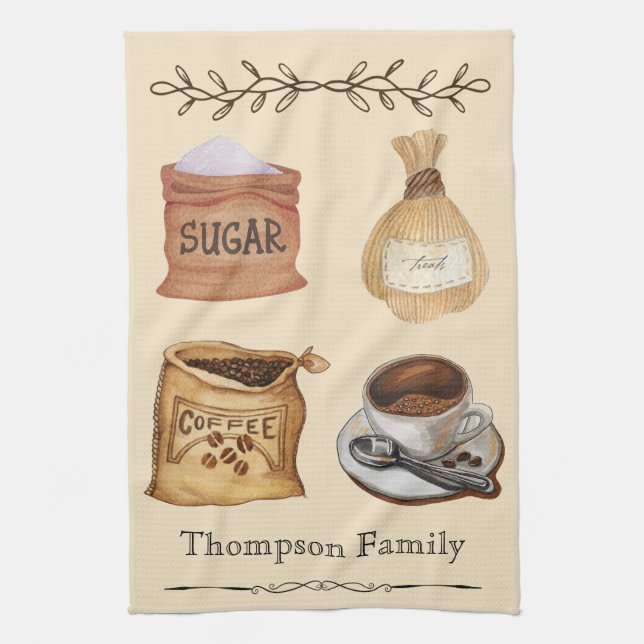 Family name Modern rustic watercolor Coffee lovers Tea Towel (Vertical)
