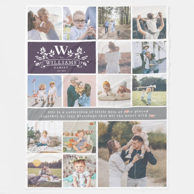 Family Name Monogram | 15 Photo Collage Fleece Blanket (Front)