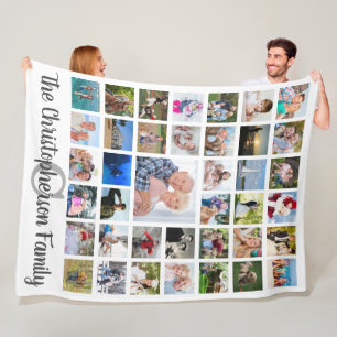 Family Name Monogram 39 Photo Collage Script White Fleece Blanket
