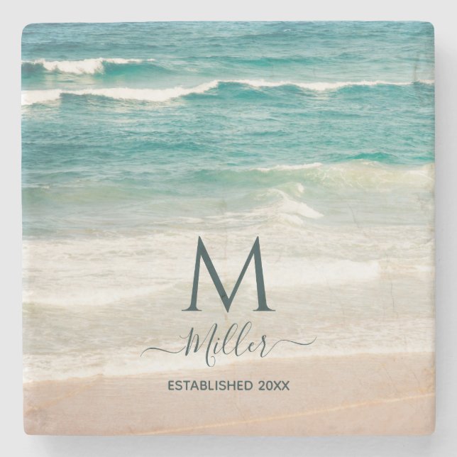Family Name Monogram Beach Waves House Elegant  St Stone Coaster (Front)