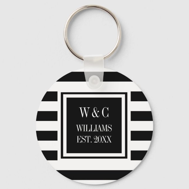 Family Name Monogram Black White Stripe Key Ring (Front)