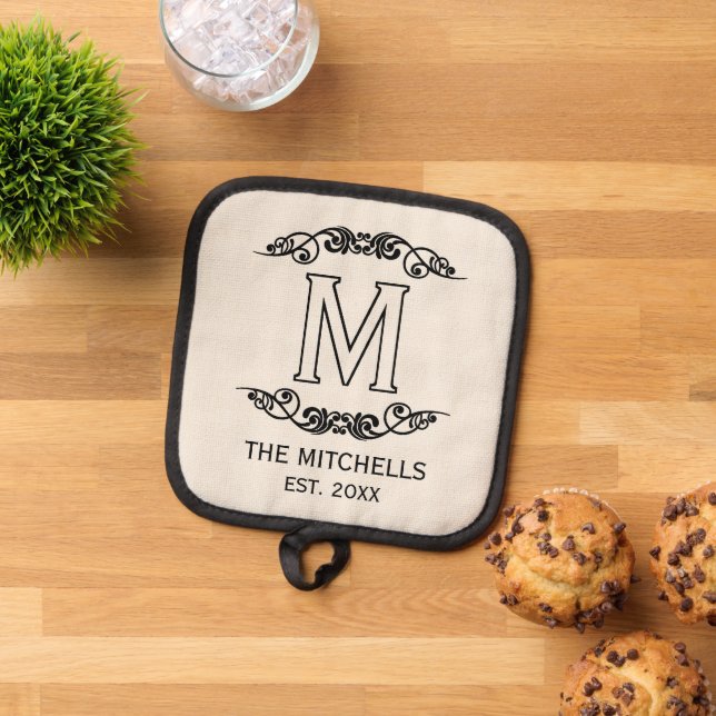 Family Name Monogram Chic Antique Filigree Scroll Pot Holder (Top Down)