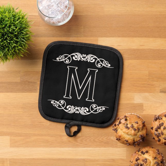 Family Name Monogram Chic Antique Filigree Scroll Pot Holder (Top Down)